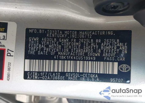 2012 Toyota Camry Xle V6 from USA, damaged, VIN 4T1BK1FK4CU519949